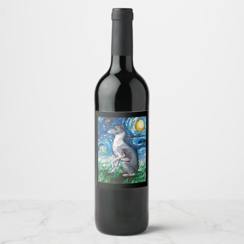 Italian Greyhound Starry Night Whippet Dog Art Wine Label