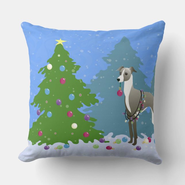 Italian Greyhound Whippet Decorating Christmas Tre Throw Pillow (Front)