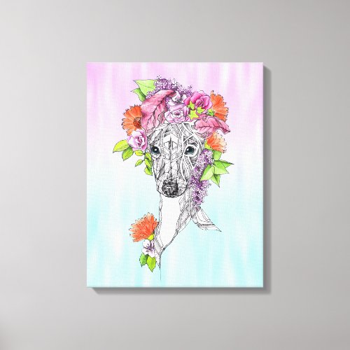 Italian greyhound whippet dog drawing flowers art canvas print