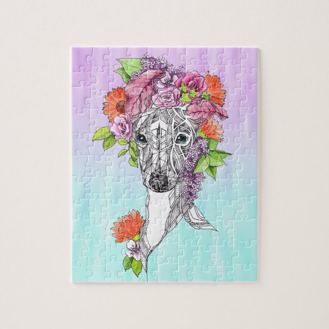 Italian greyhound whippet dog drawing flowers art jigsaw puzzle (Vertical)