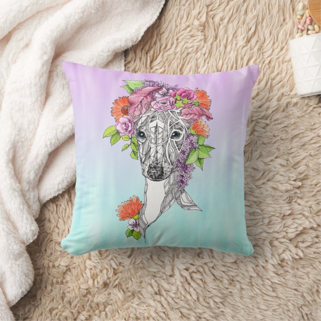 Italian greyhound whippet dog drawing flowers art throw pillow (Blanket)