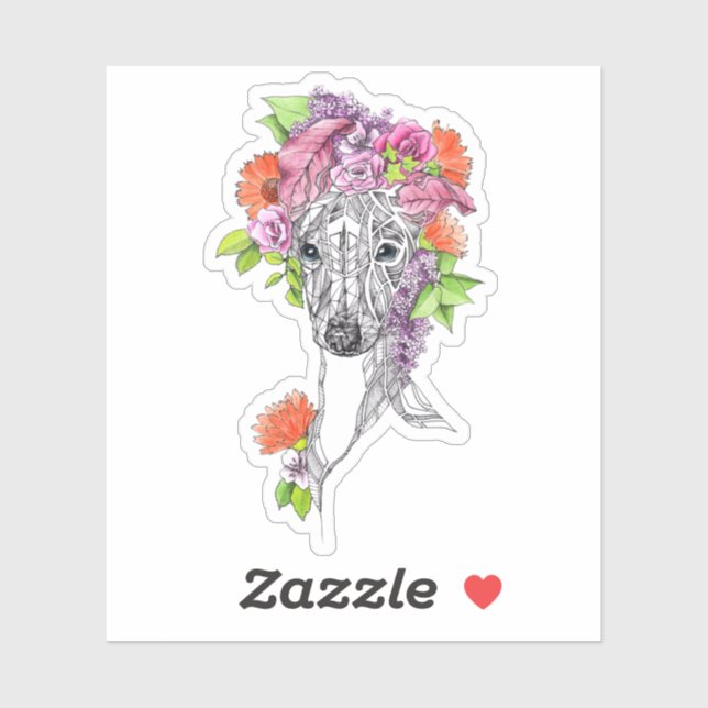 Italian greyhound whippet dog portrait flowers art sticker (Sheet)