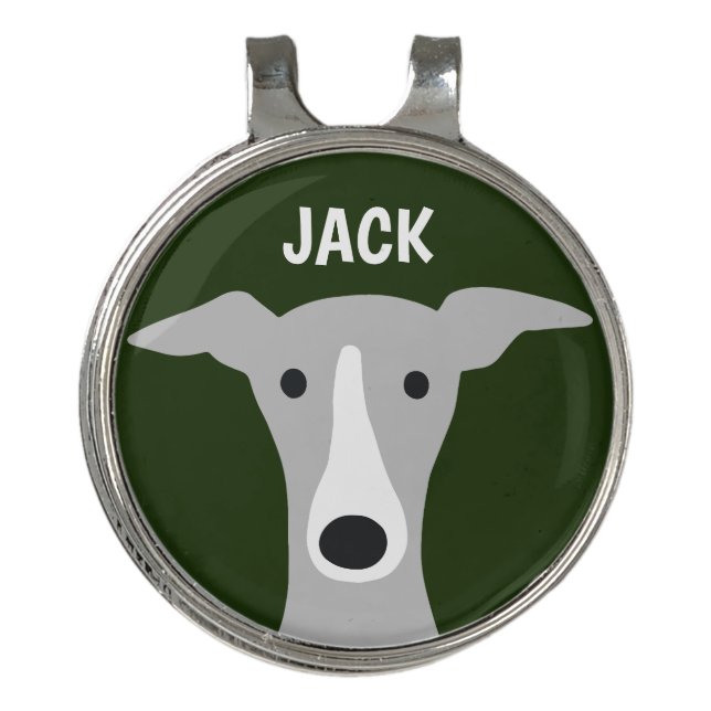 Italian Greyhound Whippet Dog with Custom Name Golf Hat Clip (Front)