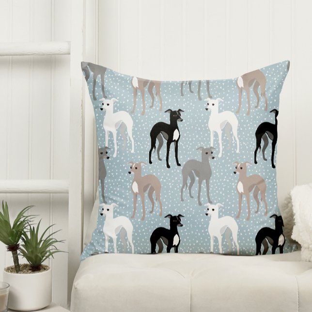 Italian Greyhounds Mid-Century Modern Blue Pattern Throw Pillow (Creator Uploaded)