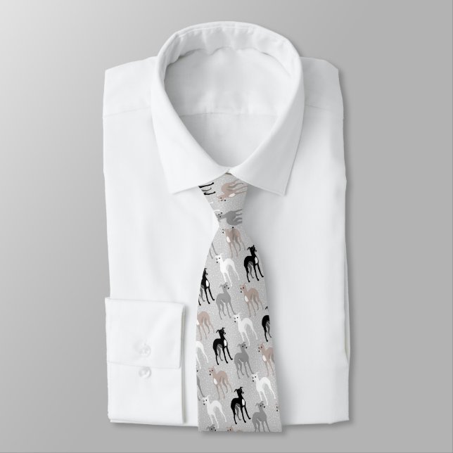 Italian Greyhounds Mid-Century Modern Grey Pattern Neck Tie (Tied)