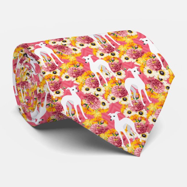 Italian Greyhounds Pink Floral Neck Tie (Rolled)