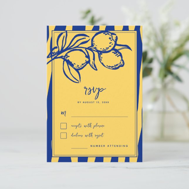 Italian Hand Drawn Lemon Handwritten Blue Wedding RSVP Card (Standing Front)