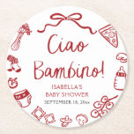 Italian Hand Drawn Pizza Ciao Bambino Baby Shower Round Paper Coaster<br><div class="desc">🍕✨ Add a touch of rustic Italian charm to your tables with our Italian Hand Drawn Pizza Ciao Bambino Baby Shower Square Paper Coasters! Designed with whimsical hand-sketched pizzas, olive branches, and playful doodles, these coasters are both practical and stylish. Perfect for protecting surfaces while tying together your Ciao Bambino,...</div>