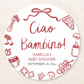 Italian Hand Drawn Pizza Ciao Bambino Baby Shower Round Paper Coaster