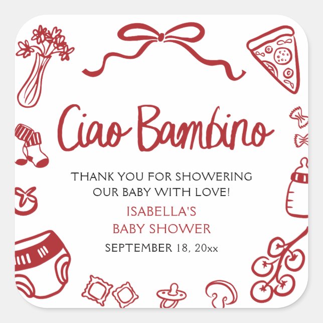 Italian Hand Drawn Pizza Ciao Bambino Baby Shower Square Sticker (Front)