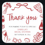 Italian Hand Drawn Pizza Thank you Bridal Shower Square Sticker<br><div class="desc">Add a flavorful flair to your bridal shower favors with this Red Italian Hand-Drawn Pizza Pasta Favor Tag! 🍕🍝🍷 This square tag features a charming border of sketched Italian icons—pizza slices, ravioli, wine, herbs, mushrooms, and more—wrapped with a red ribbon bow for a touch of amore. Perfect for a "That's...</div>