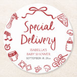 Italian Hand Drawn Special Delivery Baby Shower Round Paper Coaster<br><div class="desc">📦🍕 Bring the Special Delivery theme to life with our Red Hand Drawn Pizza Baby Shower Square Paper Coasters! Featuring whimsical hand-sketched pizza slices, pasta bowls, olive branches, and playful doodles in a rustic red-and-white design, these coasters are the perfect blend of charm and function. ✨ Use them at drink...</div>
