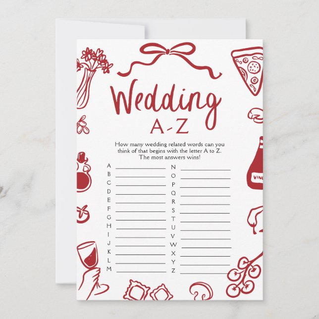 Italian Hand Drawn Wedding A-Z Bridal Shower Game Invitation (Front)