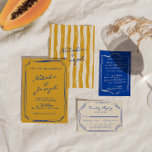 Italian Hand Written Painted Pinstripes Wedding Invitation<br><div class="desc">This wedding invitation is perfect for your wedding if you are looking for an elegant unique and easy editable invitation .An elegant unique simple minimalist Italy Italian yellow and blue wedding template invitation. as you see it features plain yellow background. And blue bright hand written bride's and groom's first names...</div>