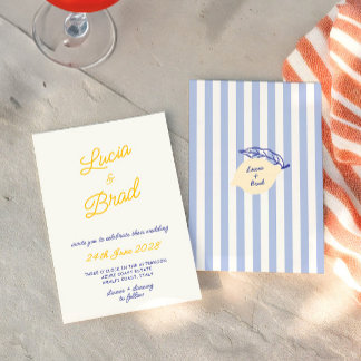Italian Hand Written Yellow & Blue Stripes Wedding Invitation