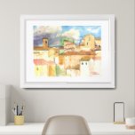 Italian Hilltown Watercolor — Sunlit Fabriano Roof Framed Art