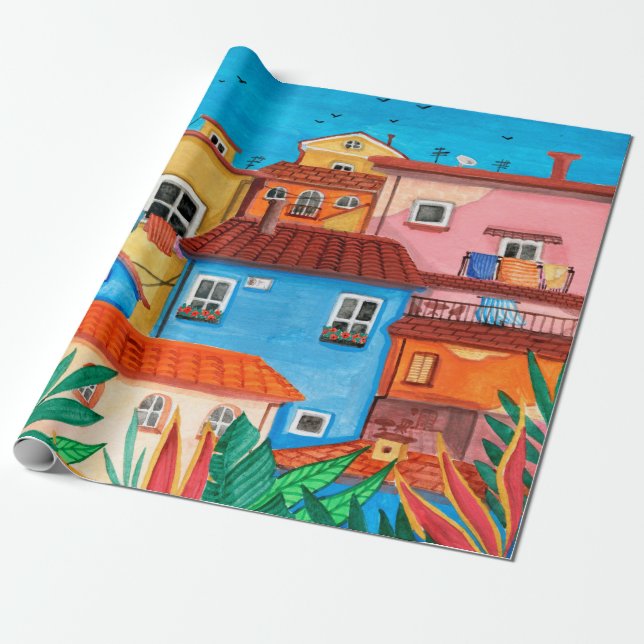 Italian houses. Gouache hand drawn Wrapping Paper (Unrolled)