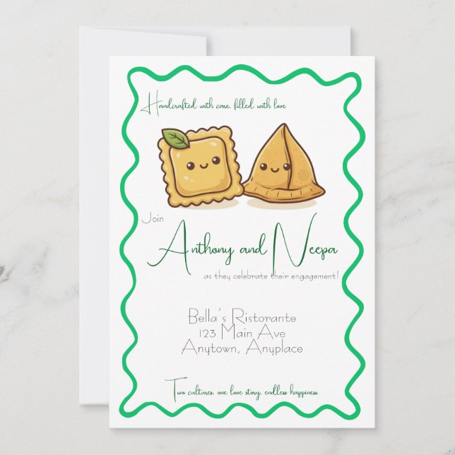 Italian Indian Ravioli Samosa Food Engagement Invitation (Front)