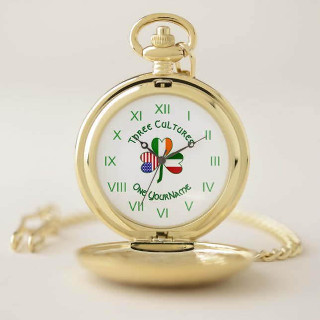 Italian Irish American Flags Shamrock Personalized Pocket Watch (Inside)