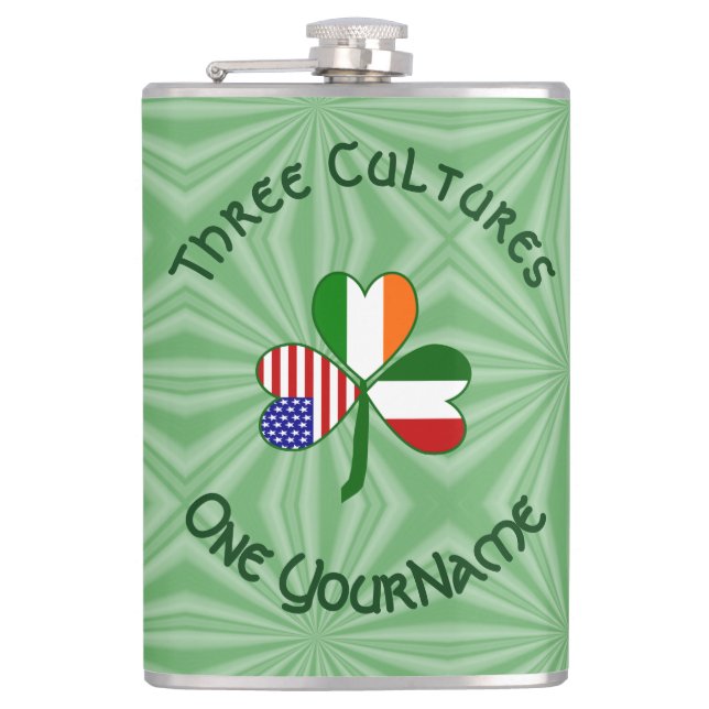 Italian Irish American Flags Shamrock Your Name Flask (Front)