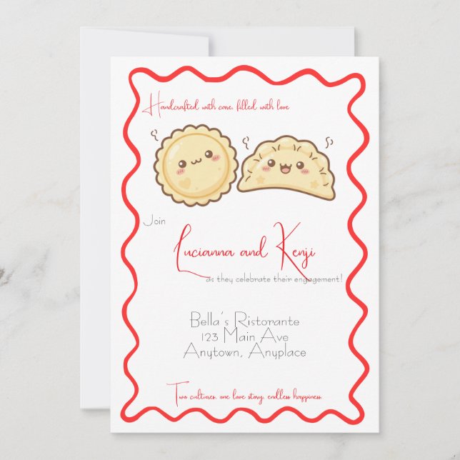 Italian Japanese Ravioli Gyoza Food Engagement Invitation (Front)