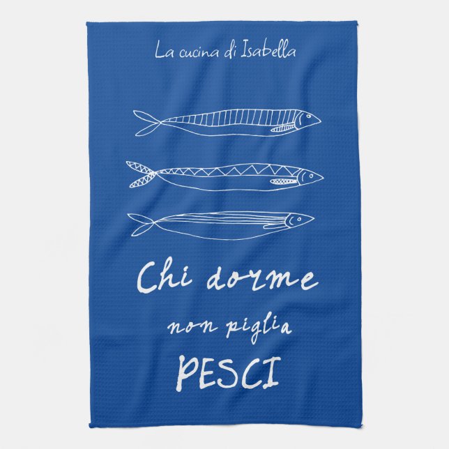 Italian kitchen sardines italy quote drawing blue kitchen towel (Vertical)