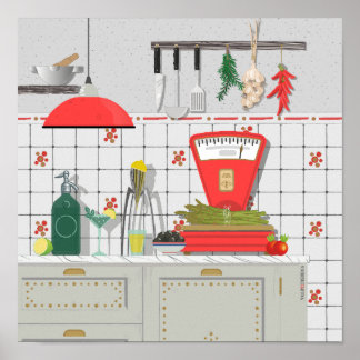 Italian kitchen with red scale and asparagus poster