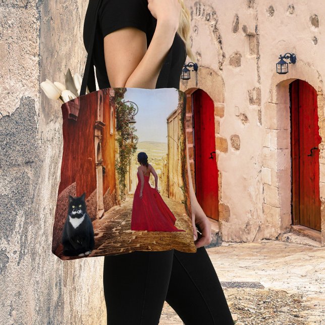 Italian Lady in Red Tuxedo Cat Fine Art Tote Bag (Tote bag featuring a painting of a lady in red in a romantic Italian village with a tuxedo cat)