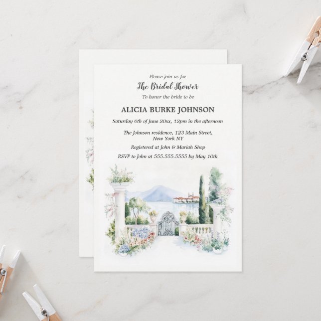 Italian Lake Como Bridal Shower Invitation (Front/Back In Situ)
