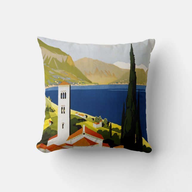 Italian Lakes vintage travel throw pillow (Front)