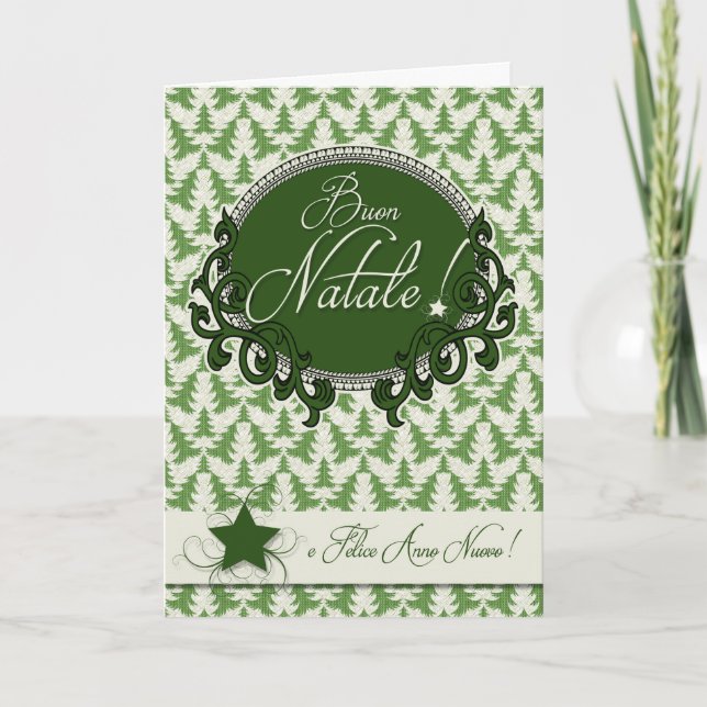 Italian Language Retro Green Christmas Trees Holiday Card (Front)