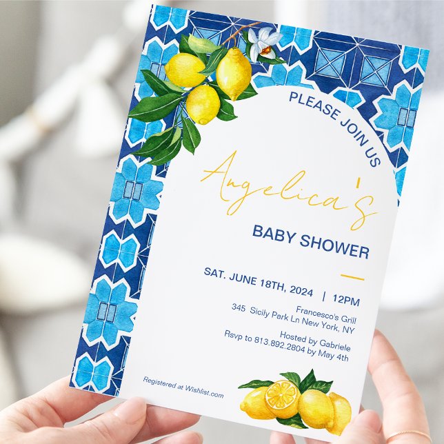 Italian Lemon Baby Shower | Blue Mojolica Tiles Invitation (Creator Uploaded)
