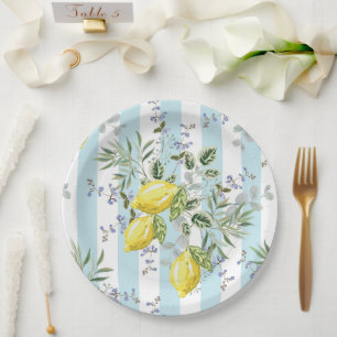 Italian Lemon Blossom Floral Stripe Mediterranean Paper Plates