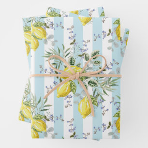 Italian Lemon Blossom Floral Stripe Mediterranean  Wrapping Paper Sheets