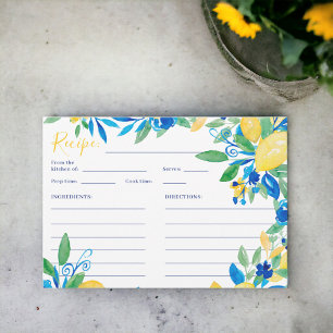 Italian lemon blue floral script bridal recipe enclosure card