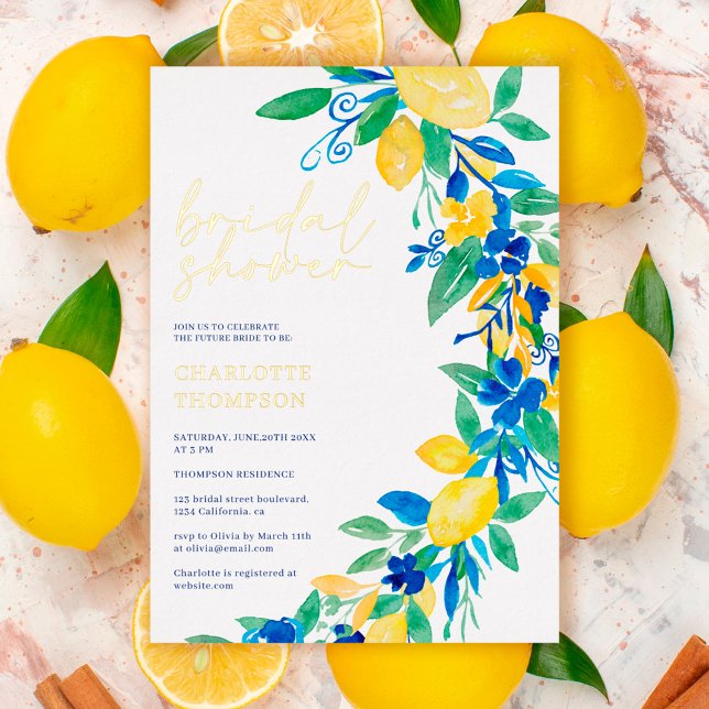 Italian lemon blue floral script bridal shower  foil invitation (Creator Uploaded)