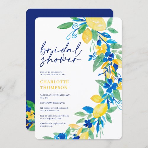 Italian lemon blue floral script bridal shower invitation - Elegant casual script  bridal shower with a modern calligraphy typography and Italian style lemons fruits, greenery and blue floral watercolor wreath.