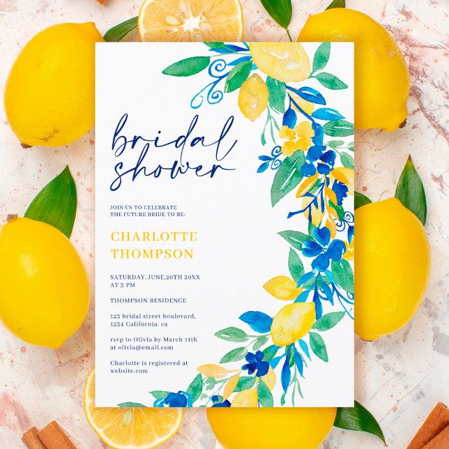 Italian lemon blue floral script bridal shower invitation (Creator Uploaded)