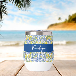 Italian Lemon Blue Majolica Tile Pattern Thermal Wine Tumbler