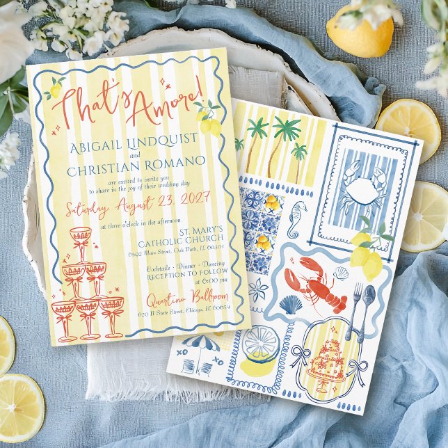 Italian Lemon Blue That's Amore Hand Drawn Wedding Invitation (Colorful unique trendy That's Amore Love hand drawn Italian Amalfi Coast Italy wedding invitation)