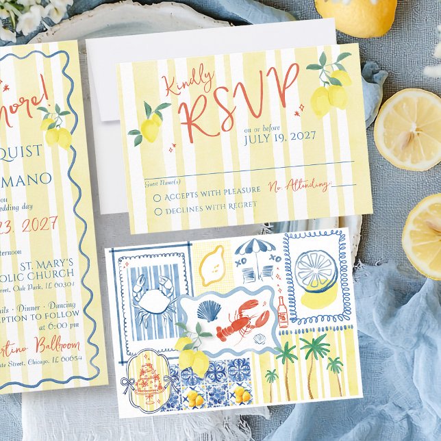 Italian Lemon Blue That's Amore Hand Drawn Wedding RSVP Card (That's Amore blue and watercolor yellow stripes Italian Amalfi Coast Lemons Wedding Invitation RSVP)