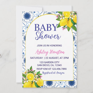 Italian Lemon Blue Tile Baby Shower Invitation