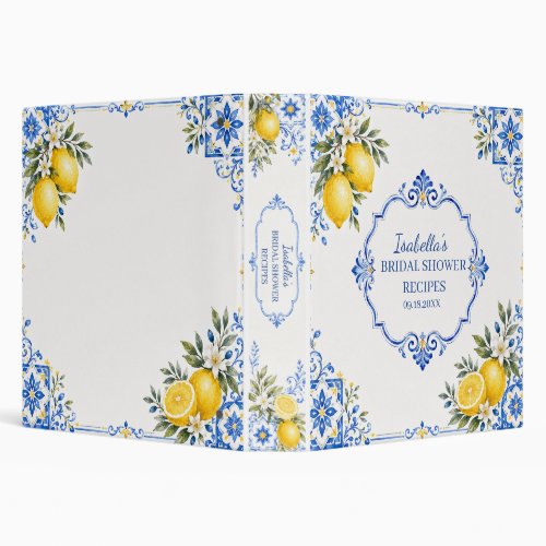 Italian Lemon Blue Tile Bridal Shower Recipe 3 Ring Binder