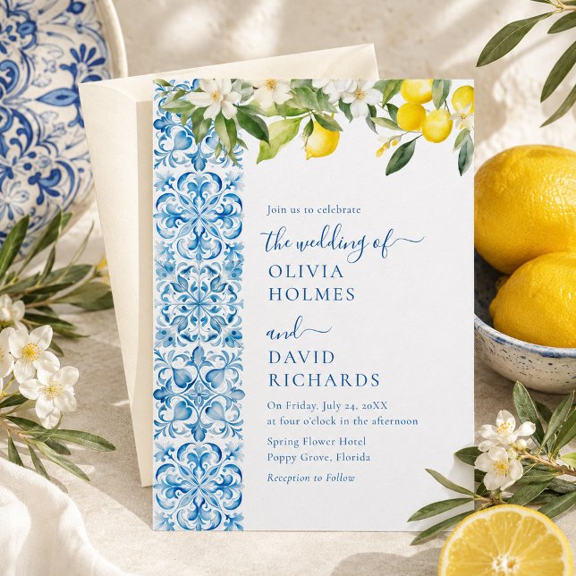 Italian Lemon Blue Tile Destination Wedding Invitation (Italian Lemon Blue Tile Destination Wedding Invitation)