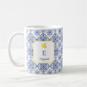 Italian Lemon Blue Tile Monogram Mediterranean Coffee Mug