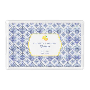 Italian Lemon Blue Tile Personalized Mediterranean Acrylic Tray