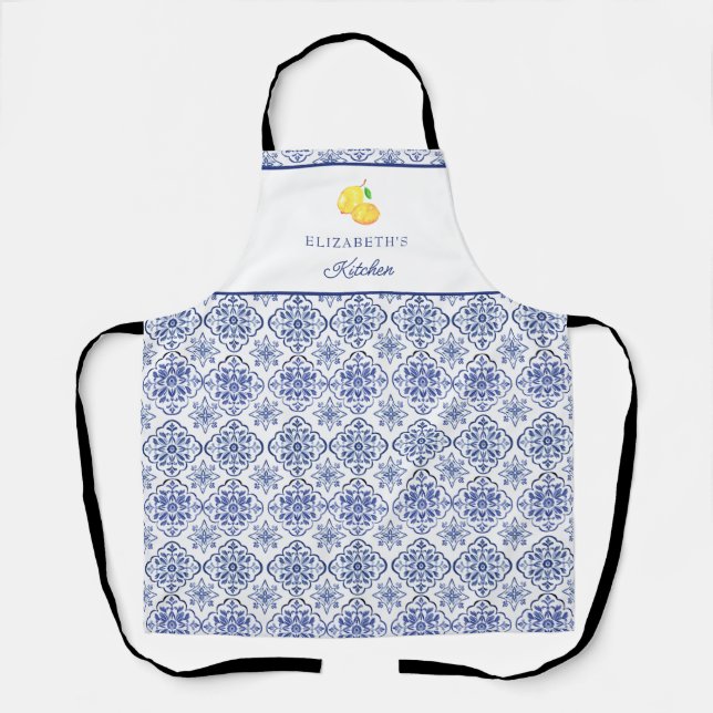 Italian Lemon Blue Tile Personalized Mediterranean Apron (Front)