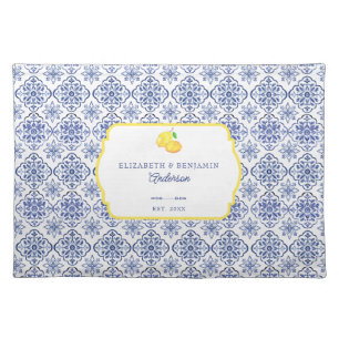 Italian Lemon Blue Tile Personalized Mediterranean Cloth Placemat