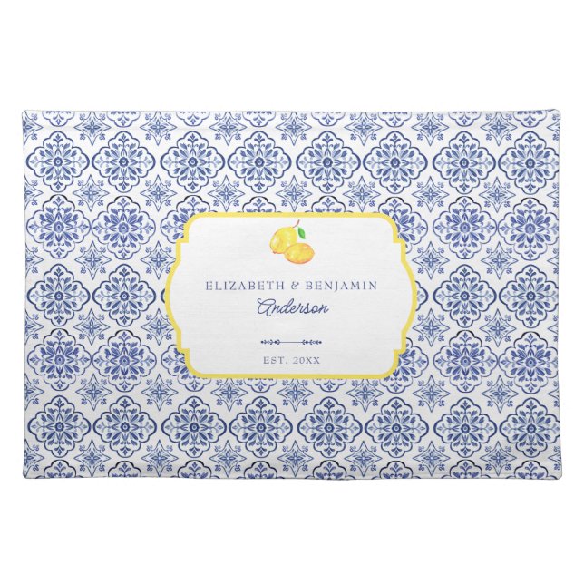 Italian Lemon Blue Tile Personalized Mediterranean Cloth Placemat (Front)