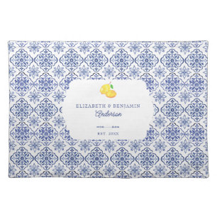 Italian Lemon Blue Tile Personalized Mediterranean Cloth Placemat